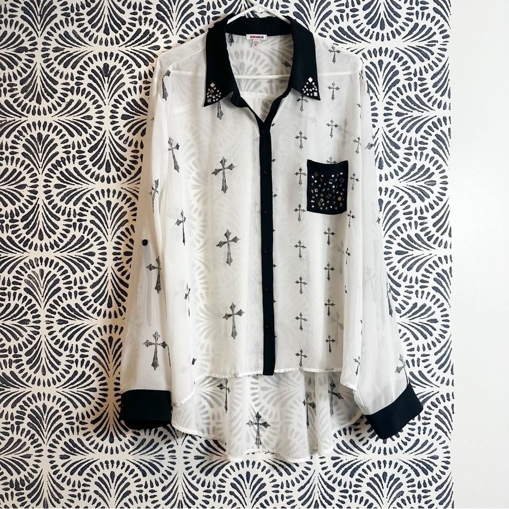 BONGO Plus Gothic Crosses Embellished Sheer Long Sleeve Button Up Blouse